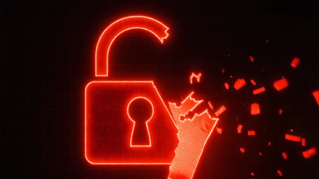 Security Breach Concept: A vibrant, neon-red padlock undergoes a violent fracture, visually expressing themes of cyber threats, security violations, and data compromise.