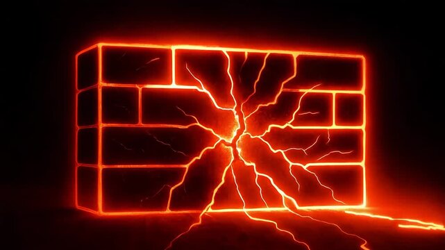 Digital Security Breach: A striking representation of a cybersecurity threat, with an illuminated brick wall cracking under the strain of an apparent digital attack, embodying vulnerability.