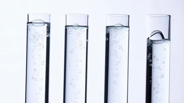 Sparkling water bubbles rising in test tubes creating a dynamic science experiment, clean refreshment, and laboratory exploration