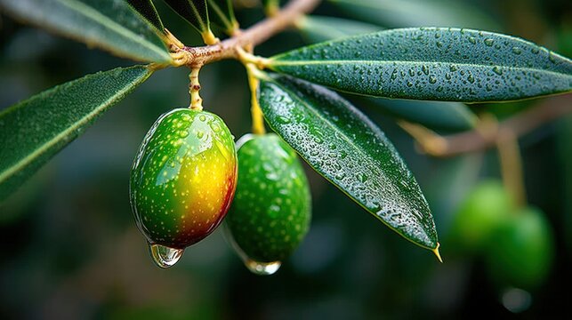 Olive fruit and leaves with water drops, copy space