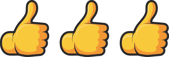 Thumbs-up icon set, cartoon approval gesture, positive feedback symbols, yellow hand signs, social media reaction, flat vector illustration