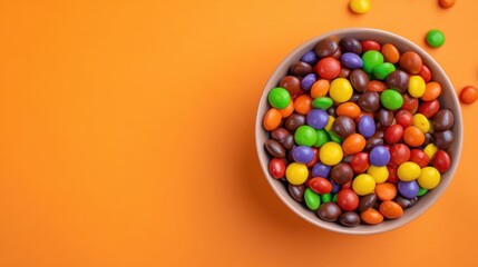 Top view of a bowl of colorful Halloween candy on orange background, clean empty zone on the left 