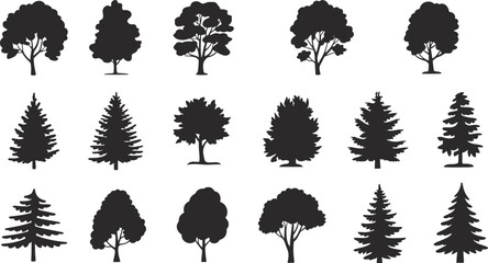 Tree silhouette set, botanical shape icons, deciduous and coniferous forms, nature design elements, forest diversity symbols, flat vector illustration © Creative_design