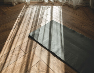 Sunlit Serenity A lone yoga mat awaits a tranquil home practice on a warm wooden floor, bathed in the soft glow of morning light streaming through a window