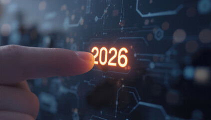 A finger interacts with a glowing '2026' on a futuristic digital interface, symbolizing future planning, technology, and upcoming goals.