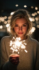 Blonde Latina woman holding a bright Christmas sparkler in her hand, pyrotechnic fireworks, and bokeh in the dark background