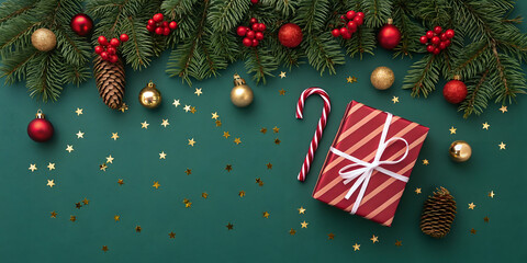 Festive holiday cheer with elegant Christmas gift, candy cane, and ornaments, perfect for spreading joyful seasonal greetings and creating magical moments