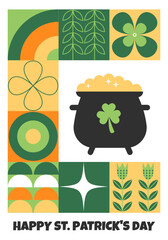 Cute St. Patrick's Day card with cauldron of money. Modern geometric mosaic with floral organic elements. Trendy abstract vector design for posters, banners, covers, and invitations.