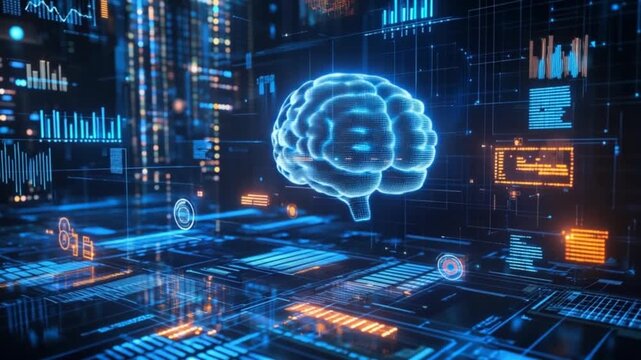 Futuristic digital interface displays a holographic brain model amongst complex data visualizations.