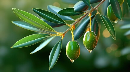 Olive branch with oil drops dripping from green olives