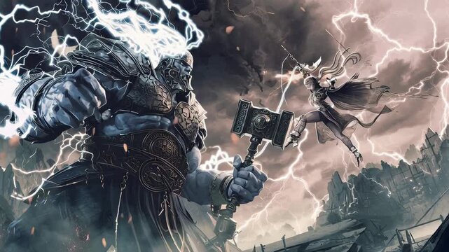 Epic Battle Scene: Mythic Warrior Confronts Lightning-Wielding Female Figure
