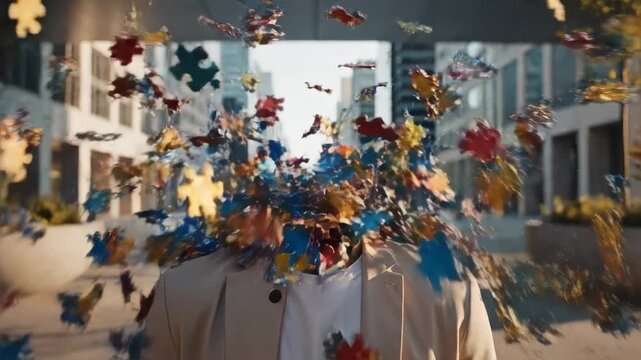 Conceptual video of a man's head exploding into jigsaw puzzle pieces, symbolizing mental burnout, stress from information overload, digital chaos, and the disintegration of thoughts