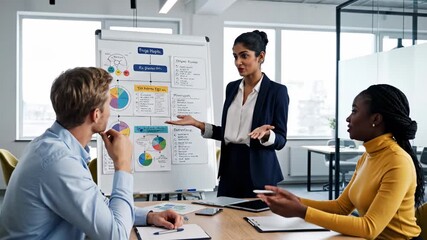 Diverse business team having a meeting where a female indian manager is presenting a new project strategy to her colleagues, explaining graphs and data on a flip chart in a modern office - Powered by Adobe
