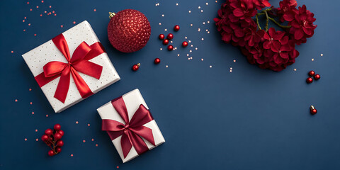 Elegant holiday gifts and ornaments on deep blue, perfect for festive social media posts or winter marketing campaigns, promising joy and celebration