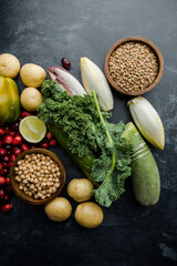 Fresh vegetables, legumes and fruits rich in vitamins — healthy vegan ingredients