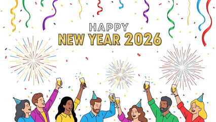 Fototapeta premium Cheerful illustration celebrating Happy New Year 2026 with a diverse group.