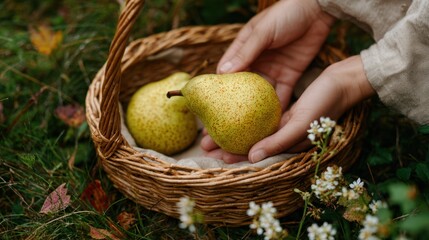 Orchard Harvest Hand-Picked Pears in Rustic Basket on Grass with