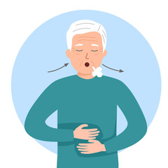 Senior man doing breathing exercises. Vector illustrations for banner, website, landing page, flyer.
