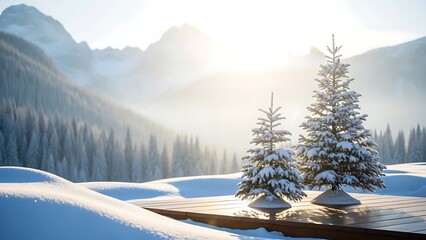 Two snow covered trees on a wooden deck scenery