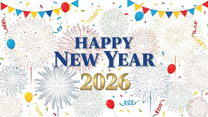 Obraz premium Colorful and festive Happy New Year 2026 illustration with fireworks.