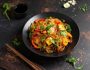 vegan fried glass noodles with tofu and vegetables AI generated