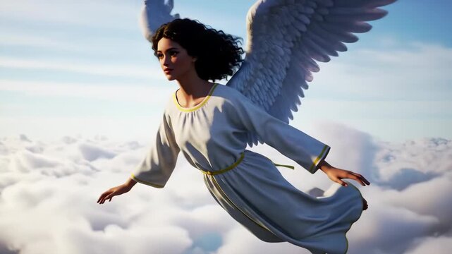 Beautiful Angel Soaring Through the Clouds in a Heavenly Sky.