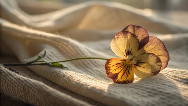 A single dried pansy flower rests on textured linen cloth - Powered by Adobe
