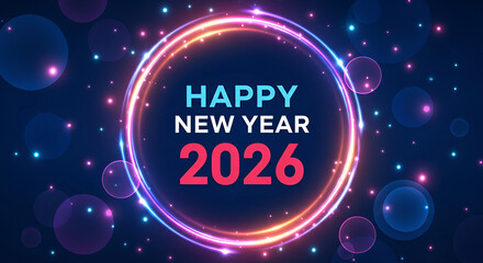 Vibrant Happy New Year 2026 Celebration Graphic with Colorful Effects