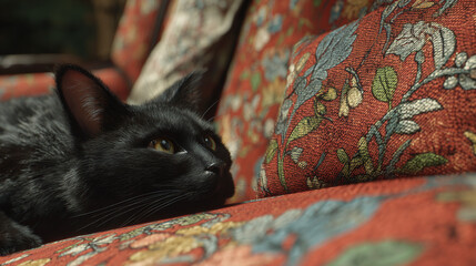 A black cat rests comfortably on a decorative patterned cushion. The cat's fur shines, and its gaze is directed away, suggesting a moment of peaceful contemplation
