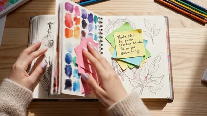 Creative woman juggling deadlines and overflowing sticky notes, organizing tasks in a sketchbook planner at a messy wooden desk, stressed but trying to prioritize projects and time management