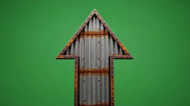 Top of a rustic, triangular structure with corrugated metal and rivets against a solid green screen background