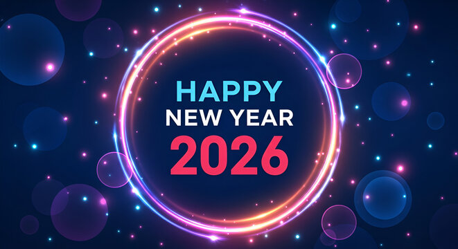 Vibrant Happy New Year 2026 Celebration Graphic with Colorful Effects - Powered by Adobe