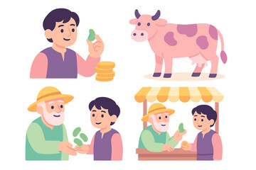 Farming scene with a young boy, farmer, and a cow at a local market in a rural setting during the day