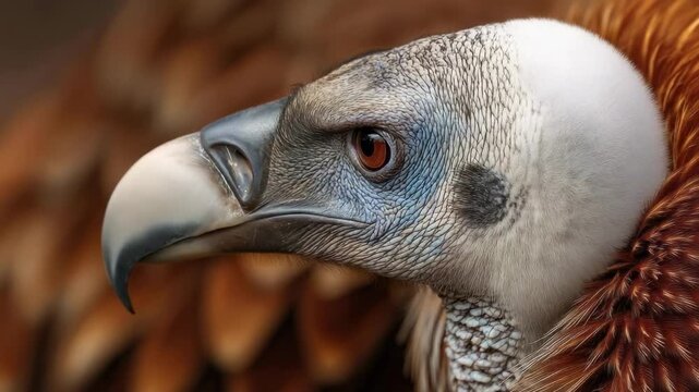 Close-up of a vulture's head with a hooked beak and blue-gray bare skin around the eye.