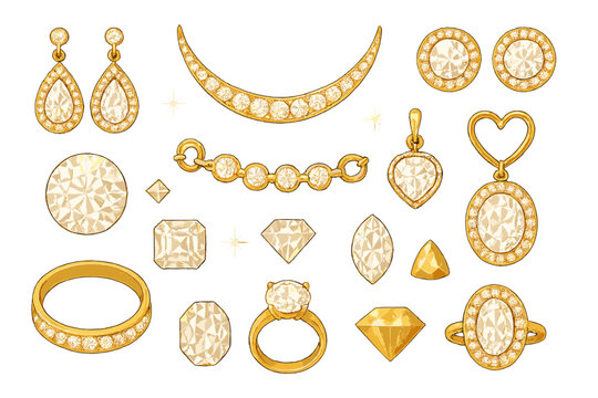 Elegant collection of golden jewelry featuring various sparkling gemstones and intricate designs in a serene setting