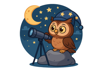 Cute owl using a telescope to gaze at stars in a night sky