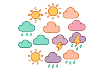 Weather symbols representing sunny, rainy, and stormy conditions in a playful and colorful design