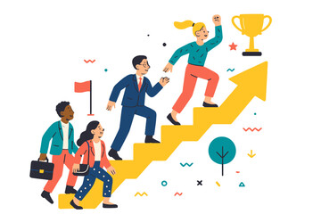 Business team climbing stairs towards success with a trophy in sight