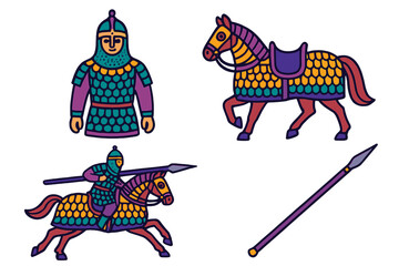 Colorful illustration of a medieval knight, horse, and spear with vibrant designs in a historical style