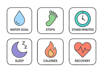 Track your daily fitness goals with clear visual indicators for water intake, steps, sleep, and recovery time