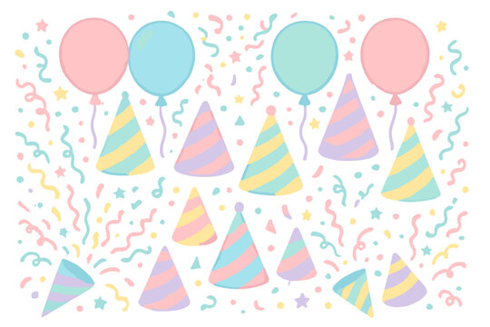 Colorful party decorations with balloons and hats for a joyful celebration in a festive atmosphere