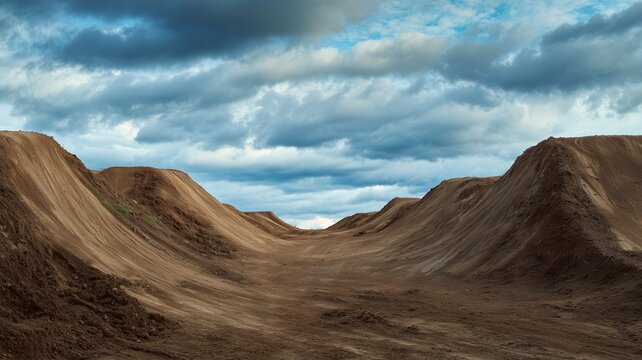 Section of the monster truck track with massive dirt ramps and clear tire marks, capturing the scale and rugged detail of an outdoor dirt racing course