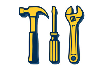 Tools arranged in a row showing a hammer, screwdriver, and wrench for DIY enthusiasts and home repairs
