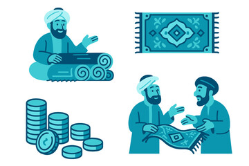 Discussion among traders about rugs and currency in a traditional market setting