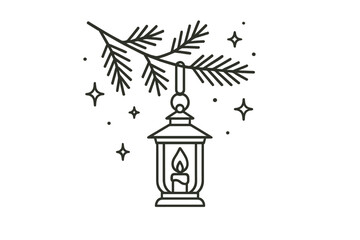 Naklejka premium Elegant lantern hanging from a pine branch with stars twinkling in the night sky