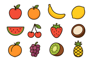 Bright and colorful collection of fruits arranged in a fun grid showing 12 different types