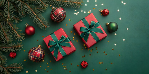 Elegant Christmas gifts with green ribbon and ornaments create a festive holiday mood, perfect for seasonal promotions and heartfelt greetings