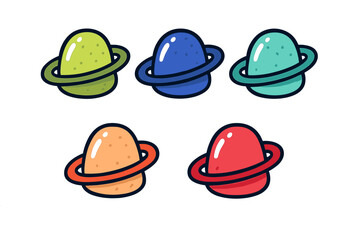 Colorful cartoon planets with rings in various shades create a whimsical space scene for children and graphic designers
