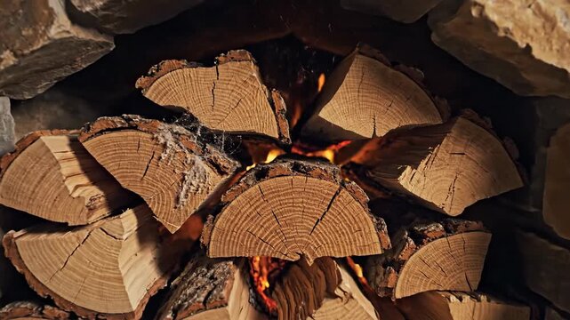 Warm hearth fireplace cozy natural wood logs burning flame heat interior
