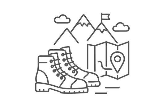 Hiking boots and map near mountains with clouds and flag, perfect for outdoor adventure planning